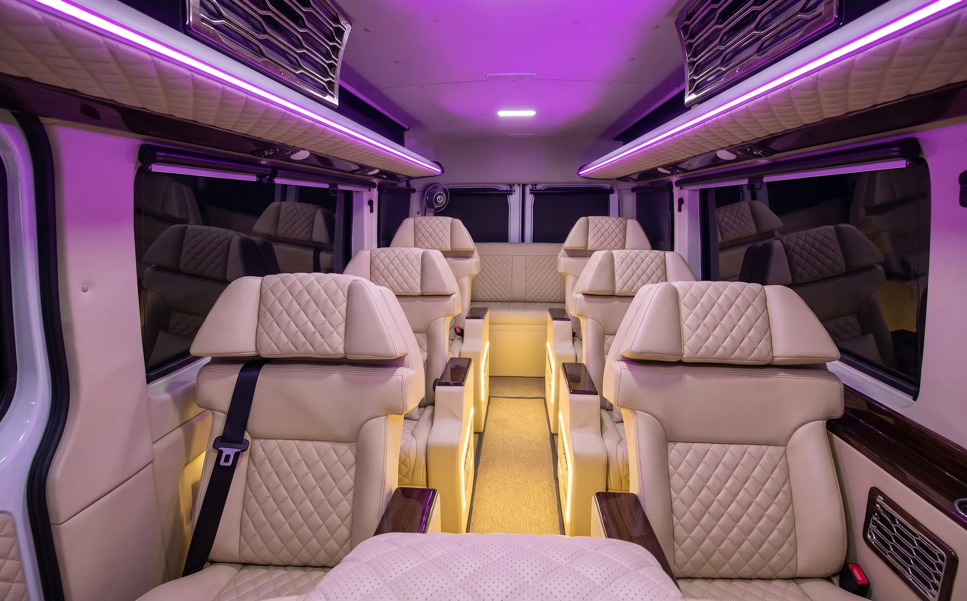 High-end interior lighting and golden wood finish craftsmanship